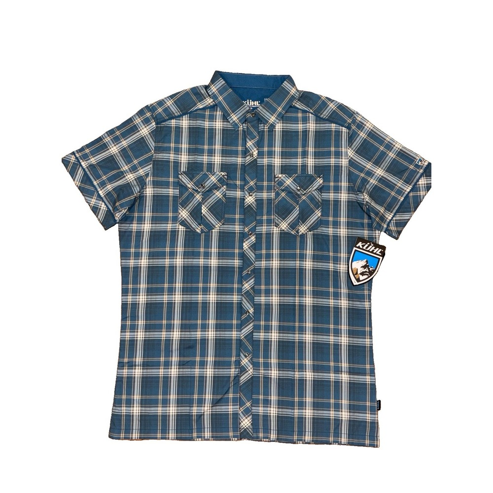 NWT Kuhl Konquer Performance Shirt Men's Med Pearl Snap Button Up Blue Outdoor